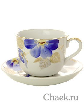 Фарфоровая чашка с блюдцем форма &quot;Ностальгия&quot; рисунок &quot;Синий цветок&quot;, Дулевский фарфор
