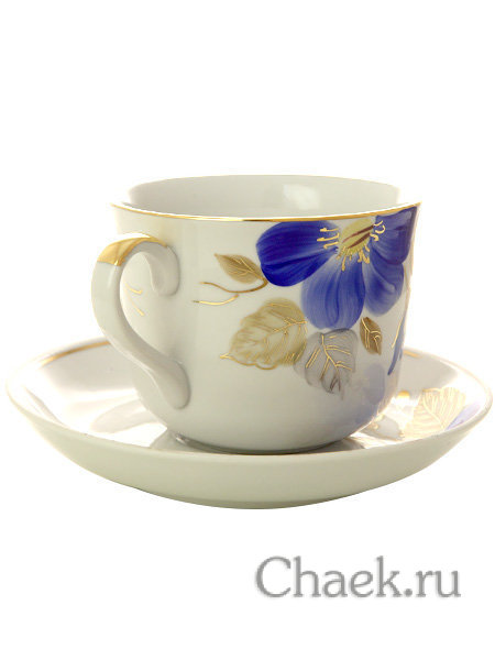 Фарфоровая чашка с блюдцем форма "Ностальгия" рисунок "Синий цветок", Дулевский фарфор