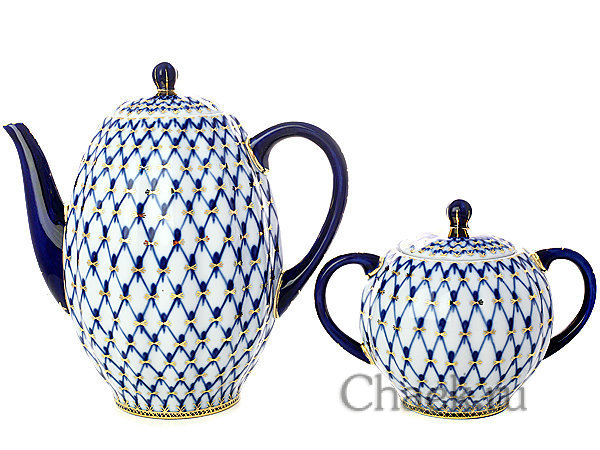 Кофейный фарфоровый сервиз 6 персон форма Тюльпан рисунок Кобальтовая сетка 6/20 Императорский фарфоровый завод