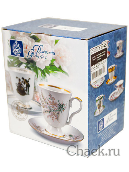 Фарфоровый бокал с блюдцем форма "Классический" рисунок "Перо Жар-птицы" Дулево