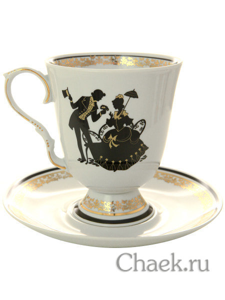 Фарфоровый бокал с блюдцем форма "Классический" рисунок "Силуэты" Дулево