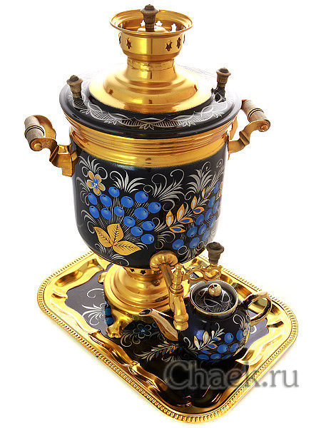 Набор с угольным самоваром 7 литров с росписью "Рябина зимняя"