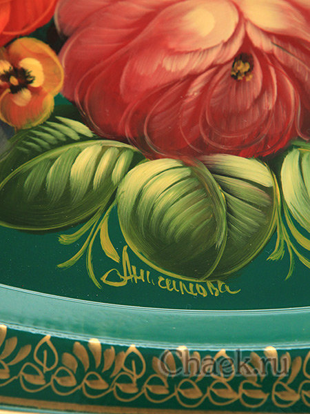 Поднос с росписью "Букет на зеленом", овал с фигурным краем, арт. 2089