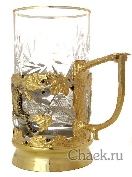 Набор для чая "Кабан" (ложка, тарелка, хрусталь)  Златоуст позолоченный