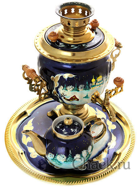 Набор самовар электрический 3 литра с художественной росписью "Зимняя деревня",  арт. 155691