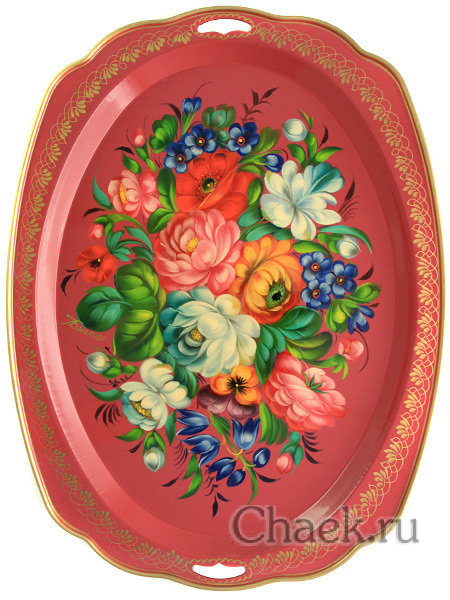 Поднос с росписью "Букет на розовом", овал с фигурным краем, арт. 8149