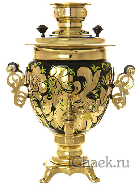 Набор самовар электрический 3 литра с художественной росписью "Золотые цветы на черном фоне", арт. 130487