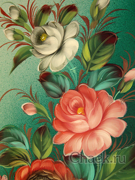 Поднос с художественной росписью "Букет на зеленом фоне", прямоугольный, арт. 2054