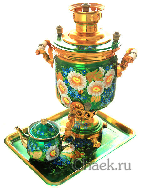 Набор угольный самовар 5 литров с росписью "Ромашки на изумрудном фоне" Набор угольный самовар 5 литров с росписью "Ромашки на изумрудном фоне"