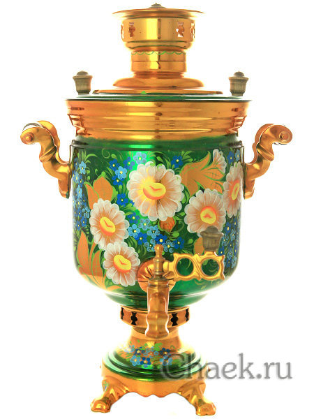 Набор угольный самовар 5 литров с росписью "Ромашки на изумрудном фоне" Набор угольный самовар 5 литров с росписью "Ромашки на изумрудном фоне"