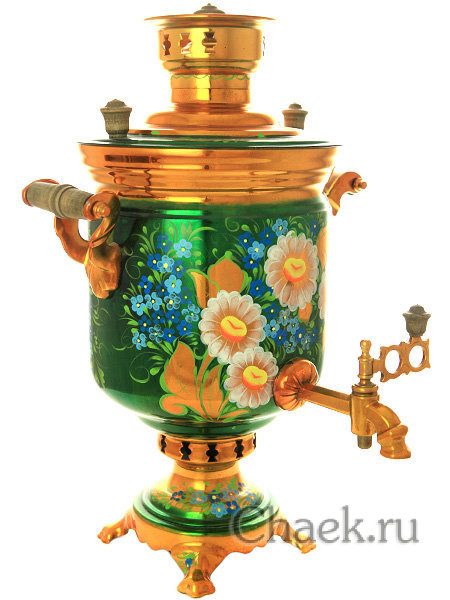 Набор угольный самовар 5 литров с росписью "Ромашки на изумрудном фоне" Набор угольный самовар 5 литров с росписью "Ромашки на изумрудном фоне"