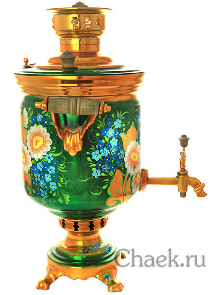 Набор угольный самовар 5 литров с росписью "Ромашки на изумрудном фоне" Набор угольный самовар 5 литров с росписью "Ромашки на изумрудном фоне"