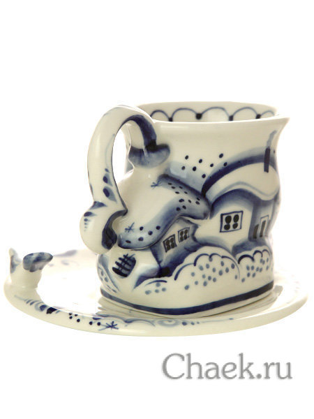 Бокал с блюдцем "Деревенька" Гжель