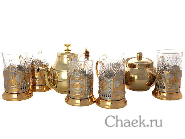 Набор угольный самовар 7 л желтый цилиндр с позолоченными подстаканниками "Вокзалы Москвы"