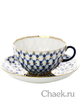 Фарфоровая чайная чашка с блюдцем форма Тюльпан рисунок Кобальтовая сетка Императорский фарфоровый завод