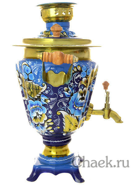 Набор самовар электрический 3 литра с художественной росписью "Кудрина на голубом фоне", арт. 121211