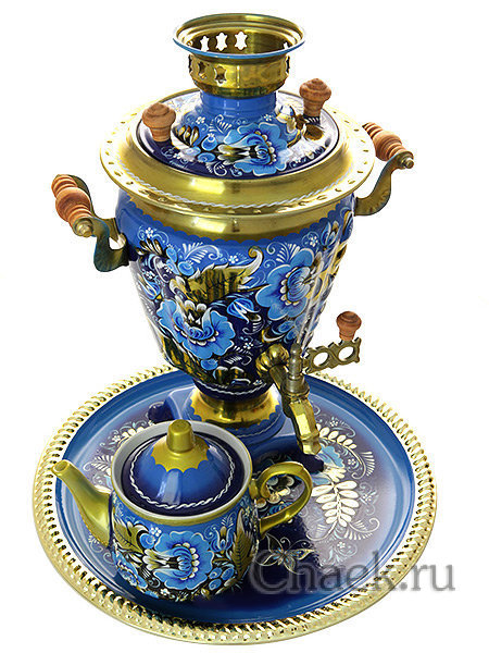 Набор самовар электрический 3 литра с художественной росписью "Кудрина на голубом фоне", арт. 121211