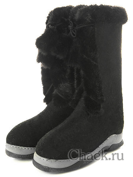 Женские черные валенки на завязках и формованной подошве, 212Ш-012