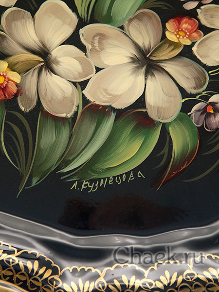 Поднос с художественной росписью "Букет на синем фоне", круглый, арт. 2058