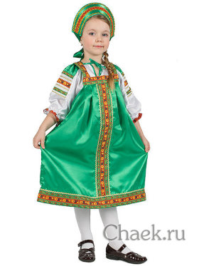 Русский народный костюм &quot;Василиса&quot; детский зеленый атласный сарафан и блузка 1-6 лет