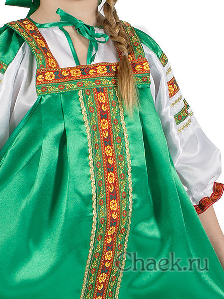 Русский народный костюм "Василиса" детский зеленый атласный сарафан и блузка 7-12 лет