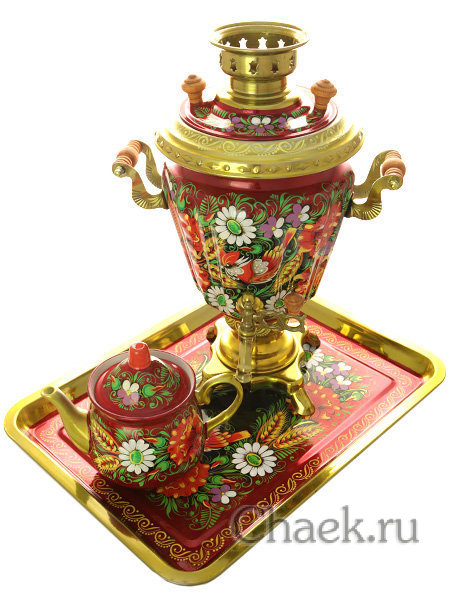 Набор самовар электрический 3 литра с художественной росписью "Маки ромашки на бордовом", арт. 144550