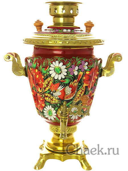 Набор самовар электрический 3 литра с художественной росписью "Маки ромашки на бордовом", арт. 144550