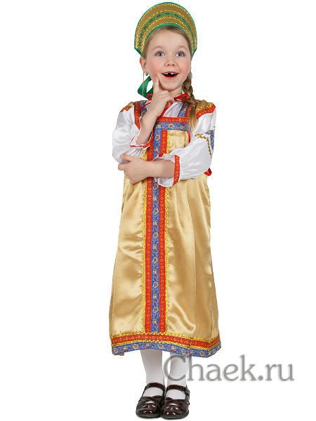 Русский народный костюм "Василиса" детский золотистый атласный сарафан и блузка 1-6 лет