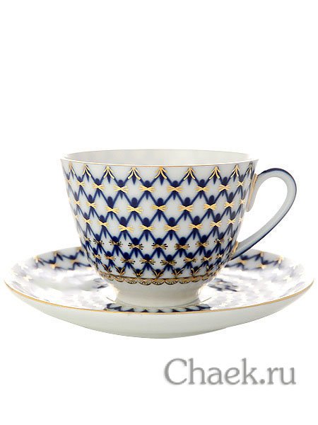 Чайная чашка с блюдцем форма Весенняя рисунок Кобальтовая сетка Императорский фарфоровый завод