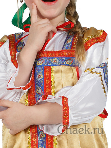 Русский народный костюм "Василиса" детский золотистый атласный сарафан и блузка 7-12 лет