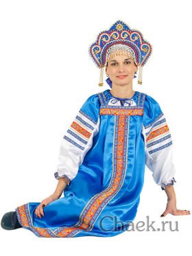 Русский народный костюм &quot;Василиса&quot; для женщины атласный комплект васильковый сарафан и блузка, XS-L