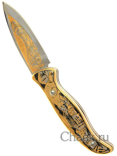 Нож складной с кнопкой гравюра Златоуст "Волки, деревня" в футляре