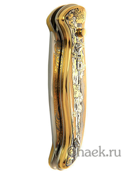 Нож складной с кнопкой гравюра Златоуст "Волки, деревня" в футляре