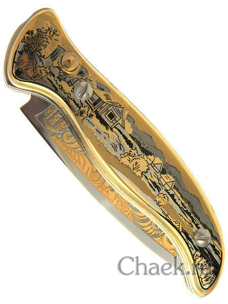 Нож складной с кнопкой гравюра Златоуст "Волки, деревня" в футляре