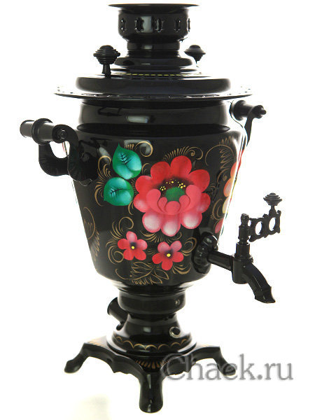 Электрический самовар 3 литра с росписью "Розовые цветы на черном фоне" с автоотключением при закипании