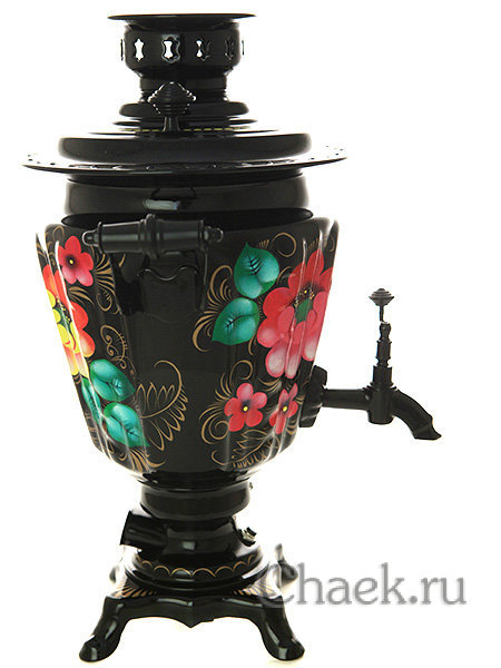 Электрический самовар 3 литра с росписью "Розовые цветы на черном фоне" с автоотключением при закипании