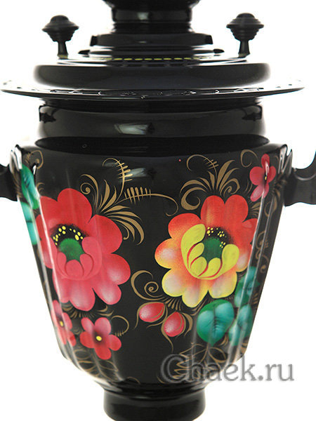 Электрический самовар 3 литра с росписью "Розовые цветы на черном фоне" с автоотключением при закипании