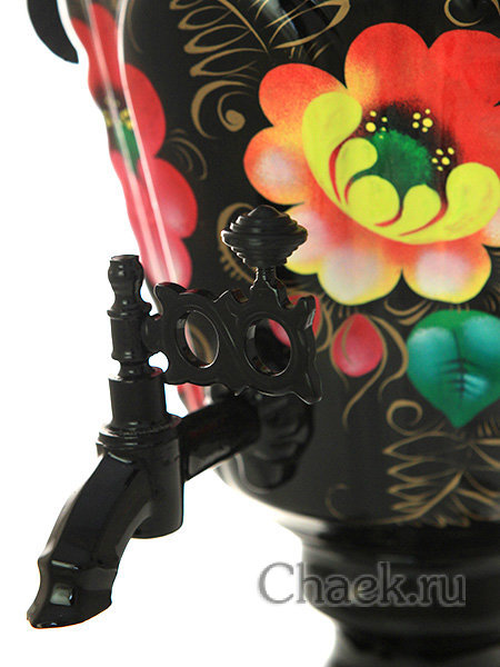 Электрический самовар 3 литра с росписью "Розовые цветы на черном фоне" с автоотключением при закипании