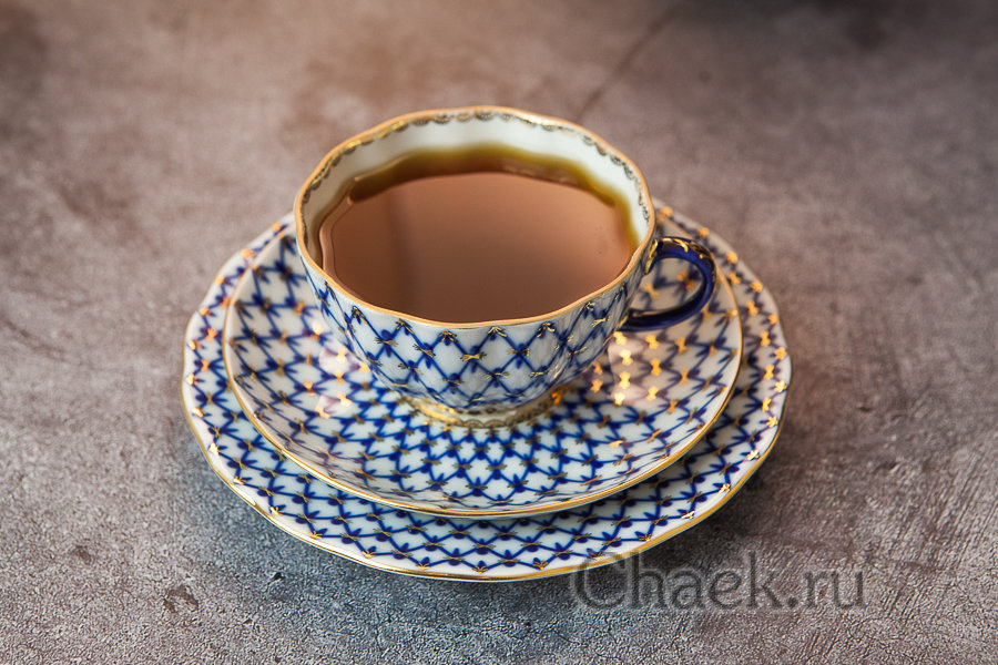 3-х предметный чайный набор форма Тюльпан рисунок Кобальтовая сетка Императорский фарфоровый завод