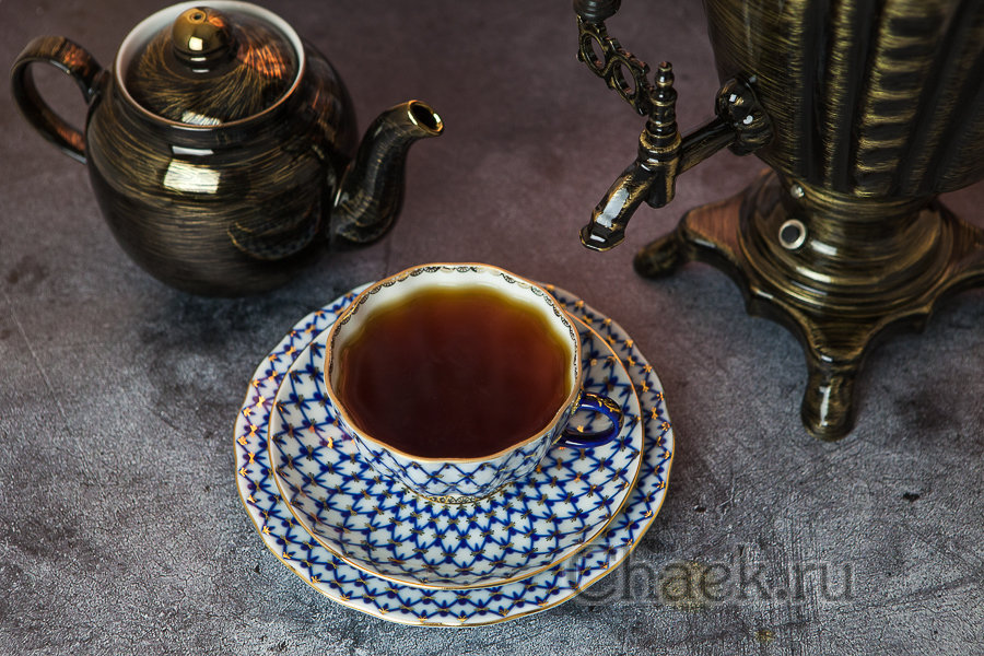 3-х предметный чайный набор форма Тюльпан рисунок Кобальтовая сетка Императорский фарфоровый завод