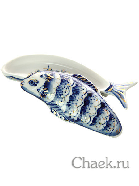 Икорница "Рыбка" Гжель с позолотой