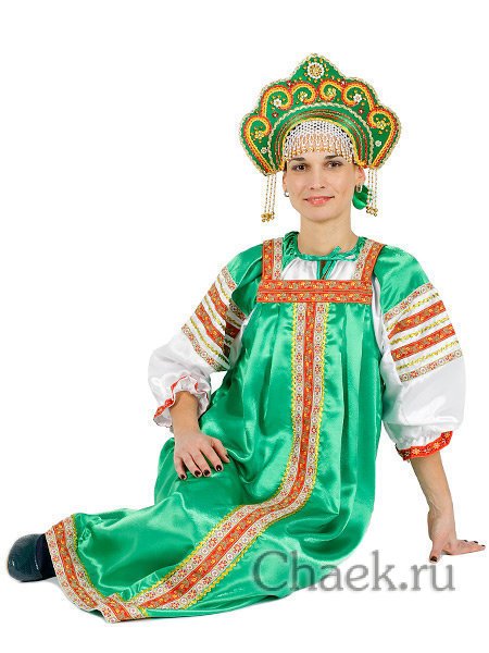 Русский народный костюм "Василиса" женский атласный зеленый сарафан и блузка XS-L