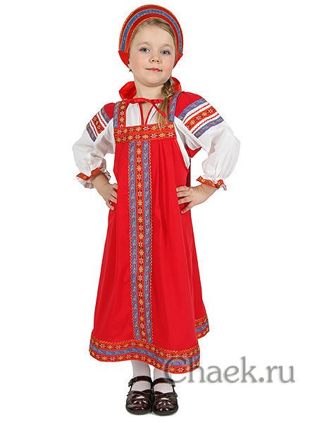 Русский народный костюм "Дуняша" для девочки хлопковый красный сарафан и блузка 1-6 лет