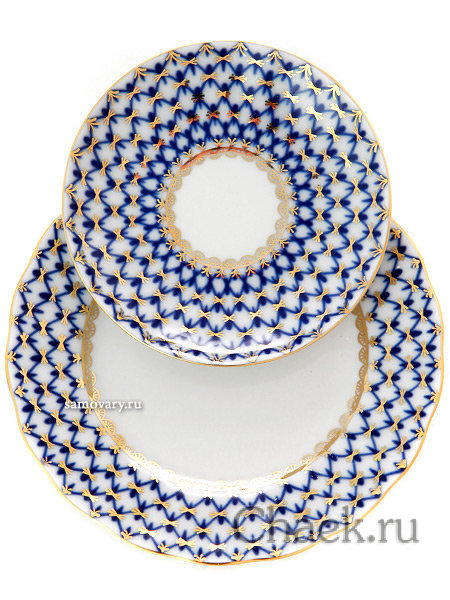 Фарфоровый чайный 3-х предметный комплект форма Тюльпан рисунок Кобальтовая сетка Императорский фарфоровый завод