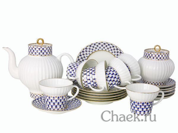 Фарфоровый чайный сервиз 6 персон форма Волна рисунок Кобальтовая сетка 6/20 Императорский фарфоровый завод