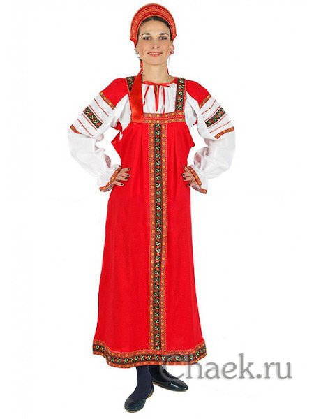 Русский народный костюм "Дуняша" женский хлопковый комплект красный сарафан и блузка XS-L