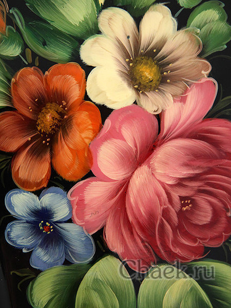 Поднос с художественной росписью "Лесные цветы на черном фоне", прямоугольный малый, арт. 2016