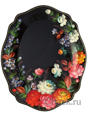 Поднос с художественной росписью &quot;Летние цветы на черном фоне&quot;, малый овальный глубокий, арт. 2007
