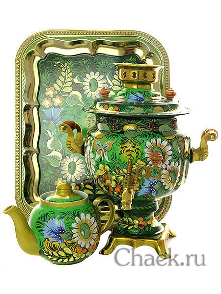 Набор самовар электрический 3 литра с художественной росписью "Солнышко на зеленом фоне", арт. 155650