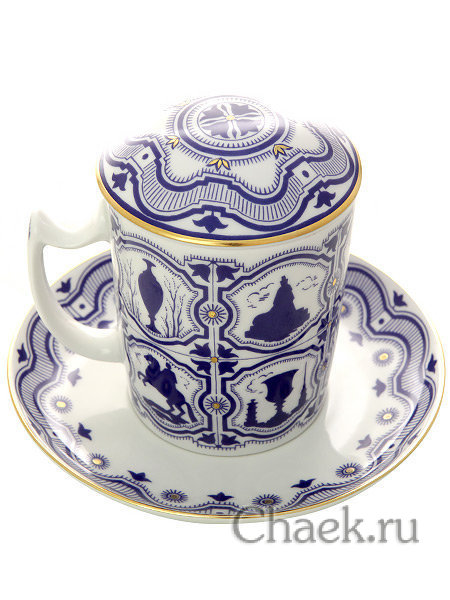 Бокал с крышечкой и блюдцем форма Снежное утро рисунок Сувенир Императорский фарфоровый завод